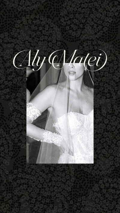 Aly Matei logo and black and white image of bride on a black textured background