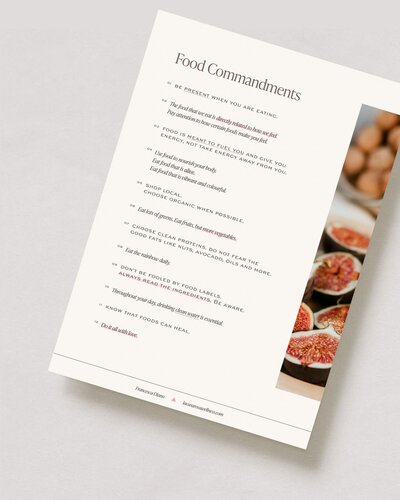 Close-up view of a custom-designed PDF for La Casa Rosa featuring a list of food commandments and lifestyle tips.