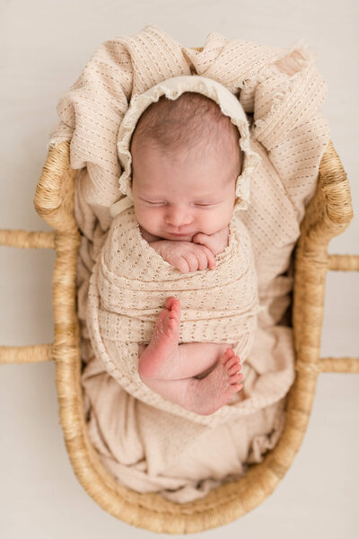 newborn girl in basket with bonnet