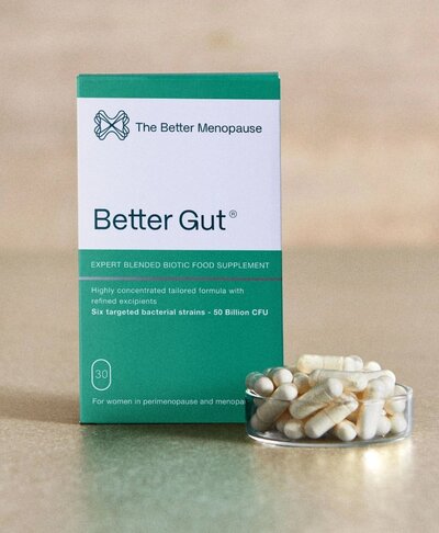 Better Gut probiotic capsules by The Better Menopause — a targeted blend of six strains to support digestion and gut health in perimenopause.