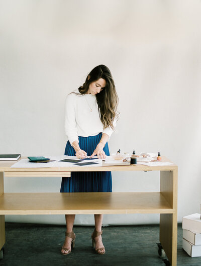 painterly film stationer branding photo, artist brand photography, woman with desk and supplies