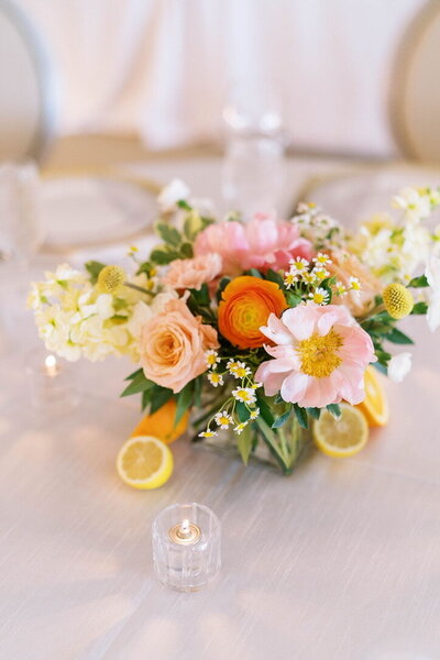Bright and colorful floral arrangement brightens an event.