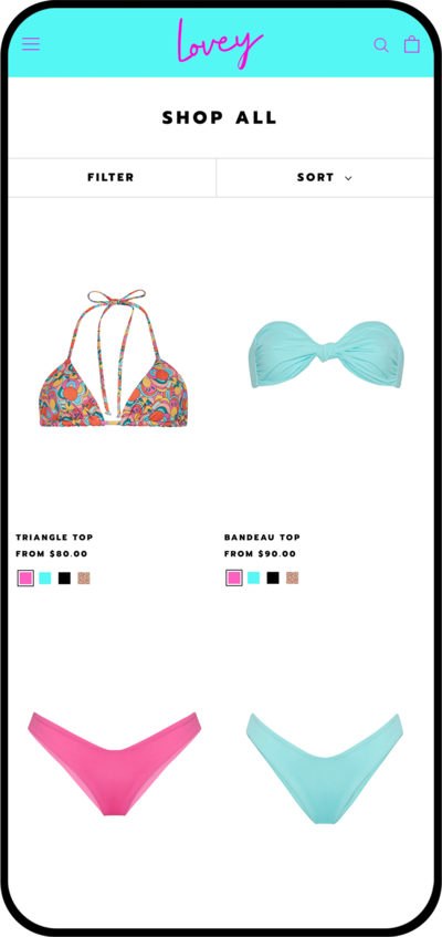 Lovey Bikini Mobile Shop page mocked up on iPhone