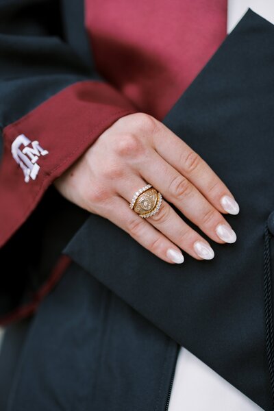 close up of an aggie class ring