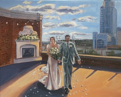 painting of bride and groom walking on a bridge