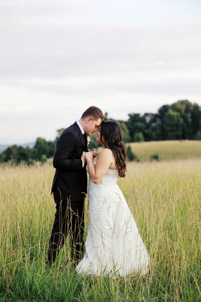 Bride and groom standing forehead to forehead in a grown up field with mountains in the background at Chateau Selah in Johnson City TN