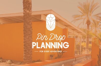 White logo that reads "Pin Drop Planning For Every Adventurer" on top of an orange background