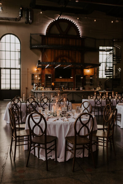 Elegant industrial-style wedding reception at The Steam Plant in downtown Dayton.