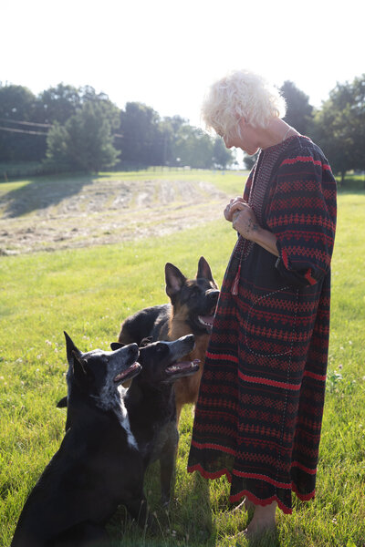 Sasha with group of dogs obeying commands in black and white