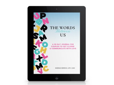 Cover of the Blue cover of The Words Between Us by Shemiah Derrick displayed on tablet