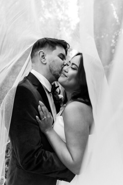 bride and groom kissing under veil at Revival Wedding Barn