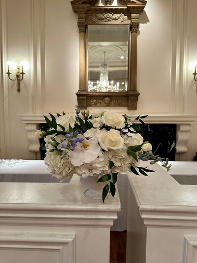 White and blue floral centerpiece