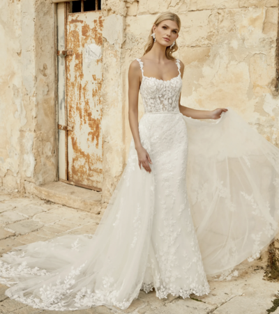 Sincerity Bridal stock photo of model wearing fitted lace wedding dress.