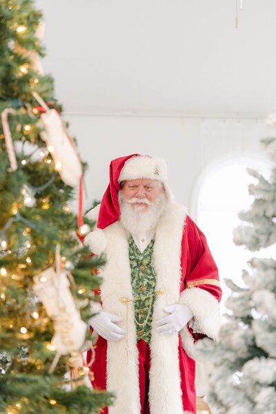 North Atlanta Santa standing between flocked christmas trees in the foreground