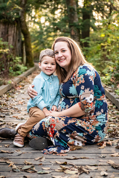 mom and son smiling fall family photos