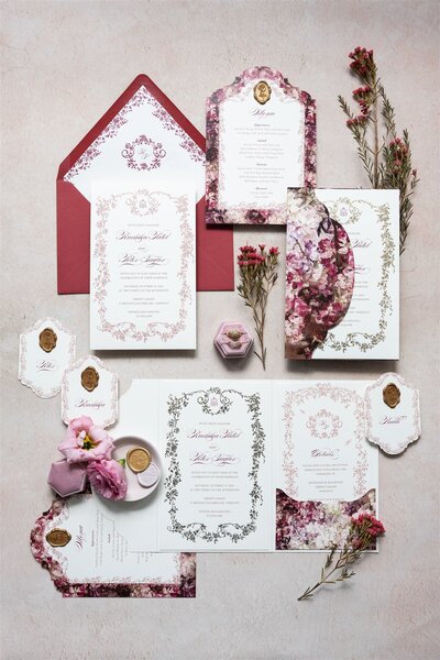 Burgundy pocket-fold & Gold Foil wedding invitation