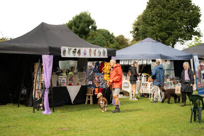 Bezoekers met hond wandelen langs de infostanden en markt op Just Woofing