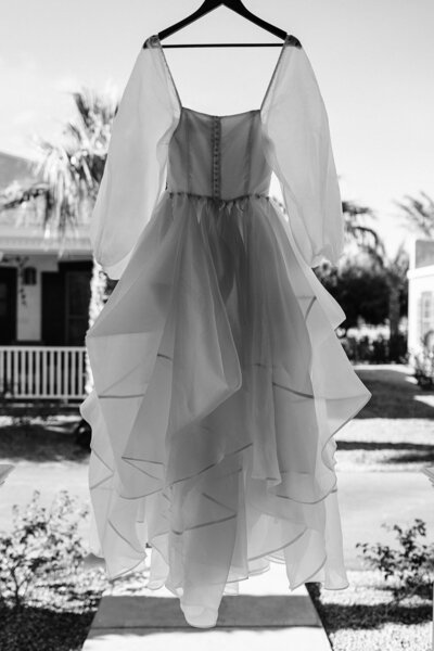 Black and white photo of a wedding dress for a Death Valley wedding ceremony