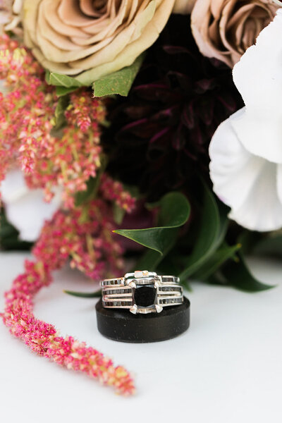 Close up of rings: black and silver