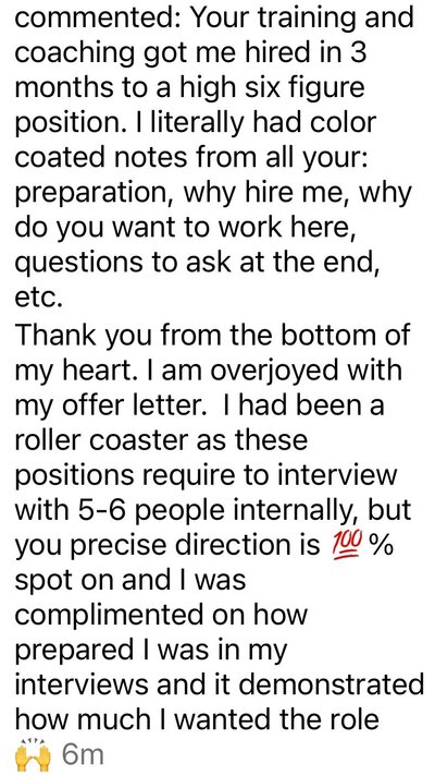Student testimonial sharing achievements through the Six-Figure Career Coaching for Women program, showcasing career growth and leadership development in a supportive coaching environment.
