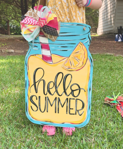 Hello Summer Lemonade Jar Yellow Wooden Door Hanger With Yellow Lemon and Pink Straw and Bow and Hello Summer Hand Lettered in Black