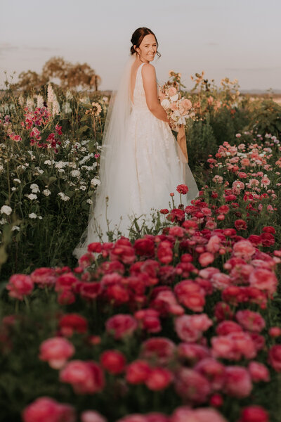 Bride standing in flower field holding