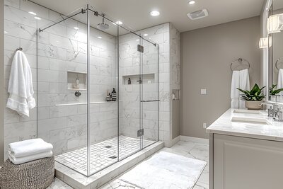 Master bathroom with a large glass shower in tans and creams.