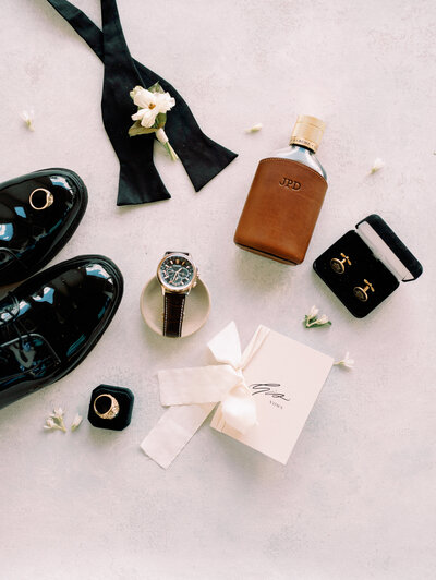 Groom wedding detail flatlay at Raleigh wedding planned by Bianca Nichole and Co