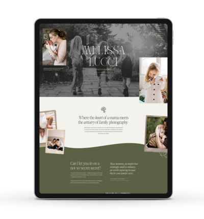 Tablet displaying a photography website featuring a banner with "Melissa Lucci Photography," family photos, and sections detailing the artistry and personal touch in family photography, crafted by a trusted Showit design partner specializing in Showit website design..