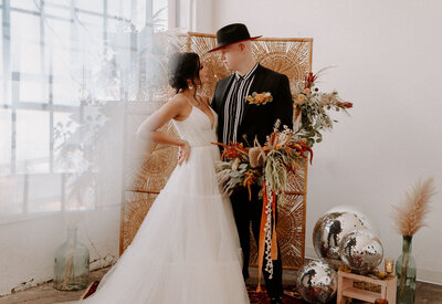 modern boho bride and groom wedding