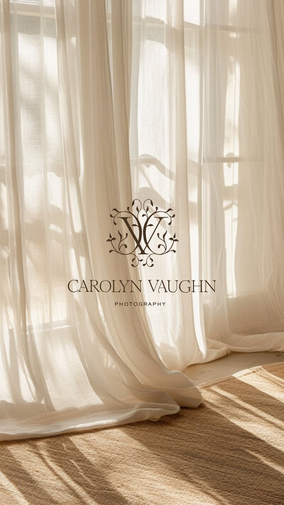 Carolyn Vaughn Photography logo over sheer white curtains with soft natural light filtering through, creating an airy and elegant aesthetic.
