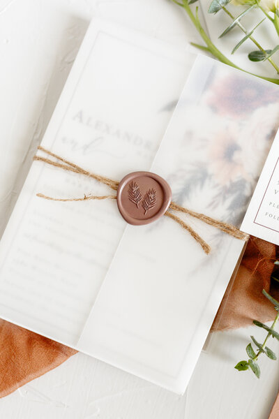 Pocket wedding invitation with rose gold glitter