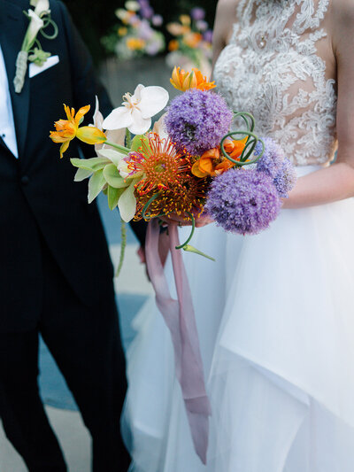 Close-up detail of editorial bride and groom florals and wedding style showcasing elegant bouquets and refined styling at Fig House LA