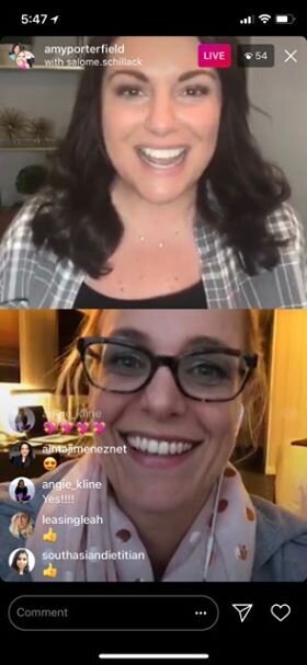 Mobile view of Amy Porterfield and Salome Schillack talking live on Instagram
