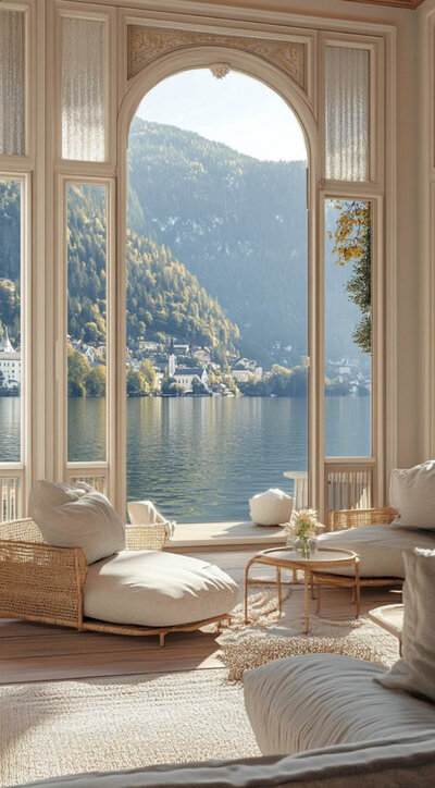 Elegant arched window in a Lake Como suite, capturing tranquil lake views. Tailored Oasis Travel Co.