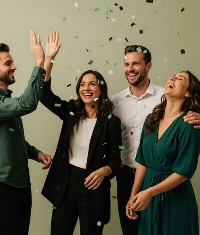 Group of people celebrating with laughter and confetti, symbolizing the Thrive phase where Florida couples create lasting patterns of connection, joy, and intimacy that continue long after therapy with Relationship Experts ends.