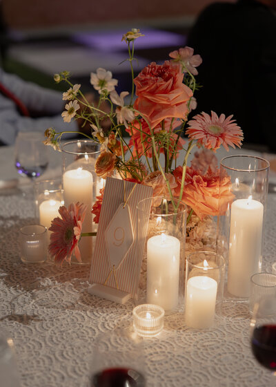 Candlelit Reception table with colorful flowers at Grand Hyatt in Scottsdale by Snapdragon Bloom Bar