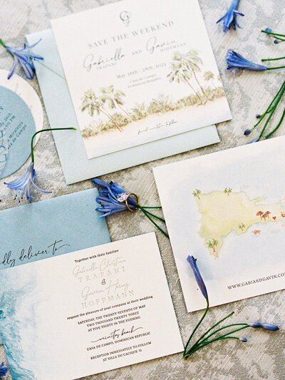 luxury wedding stationery with custom watercolor map