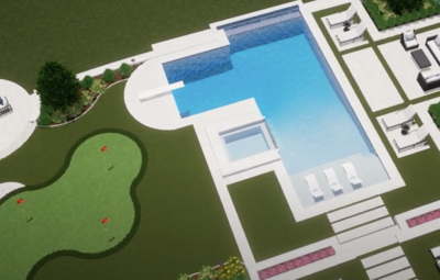 Hand-drawn landscape design plan featuring a pool, seating area, coral bark Japanese maple, climbing roses, hydrangeas, boxwoods, and azaleas, designed by Better Lawns and Gardens in Little Rock, Arkansas.