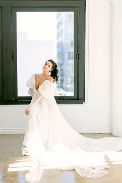 Stunning, modern bride in her wedding gown