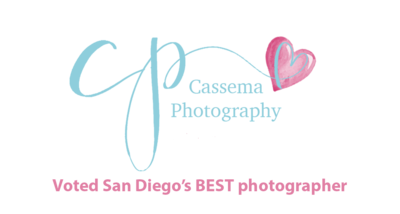 Maternity, Newborn & Family Photographer, Cassema Photography Logo, it reads "voted San Diego's Best Photographer"