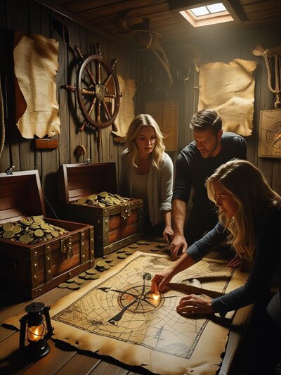 General decription____Cinematic scene inside an escape room themed environment. Include realistic lighting, shallow depth of field, high contrast, dramatic shadows, and immersive set design. Show a group of 3-4 (3)
