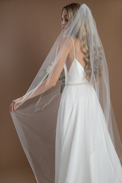 Bride wearing a floor length veil with scattered crystals in an ombre pattern