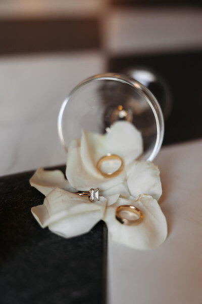 Wedding rings and white rose petals spilling out of champagne coup glass