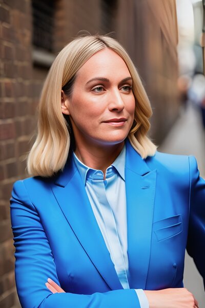 WOMAN JO WOOD IN BLUE SUIT JACKET AND SHIRT STOOD NEXT TO WALL WITH ARMS CROSSED