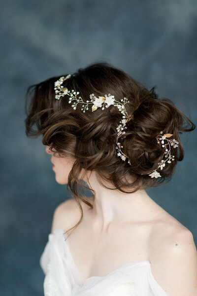 Elegant white and gold bridal hairpiece, by Blair Nadeau Bridal Adornments, romantic and modern wedding jewelry based in Brampton.  Featured on the Brontë Bride Vendor Guide.