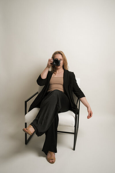 Lauren Schoepfer LaScho Studio headshot with camera