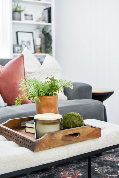 A plant sits on a wooden tray on a living room coffee table