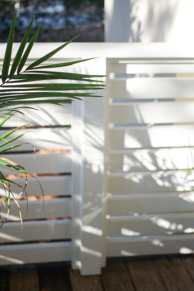 Palm fronds in front of a white wood deck railing