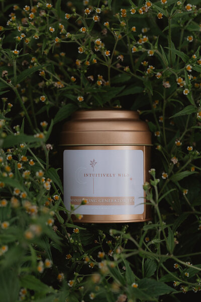 can of tea laying in a flower bush